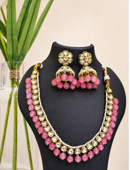 traditional-kundan-pink-beaded-necklace-jhumka-set